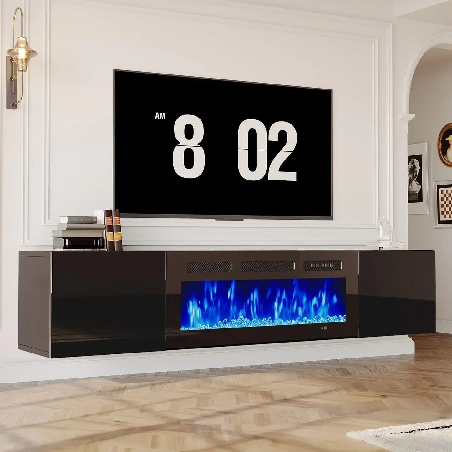 Wall Mounted Floating TV Stand With Electric Fireplace Entertainment Center
