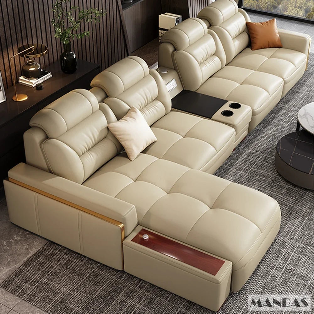 MANBAS Italian Genuine Leather L-Shaped Sectional Sofa Set USB