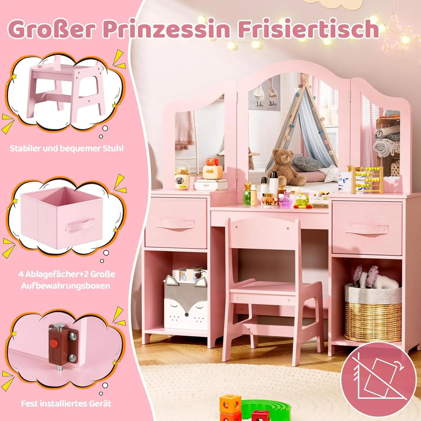 Hign-concerned Kids Vanity Table Set With Removable Mirror