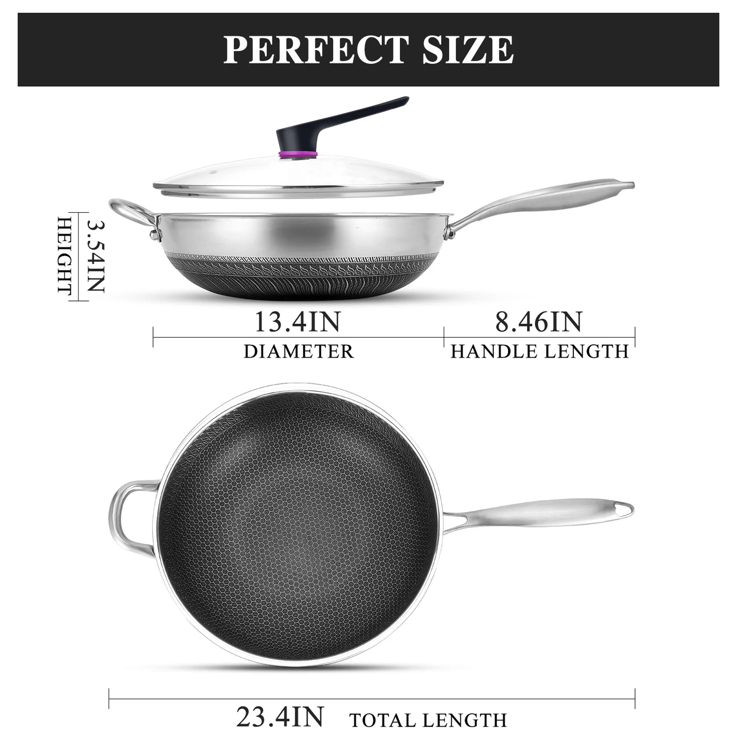 Hybrid Wok Pan With Lid PFOA Free Stainless Steel Nonstick
