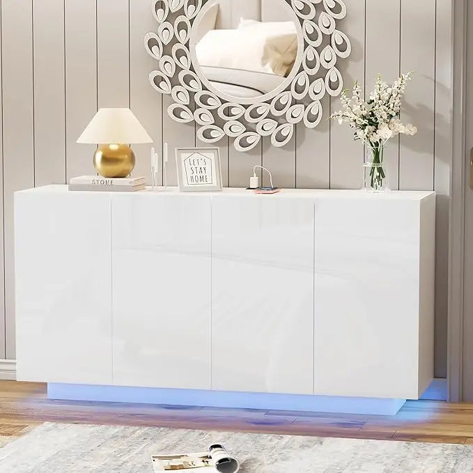 LED Illuminated Sideboard With Charging Station White Wood Dining Cabinet