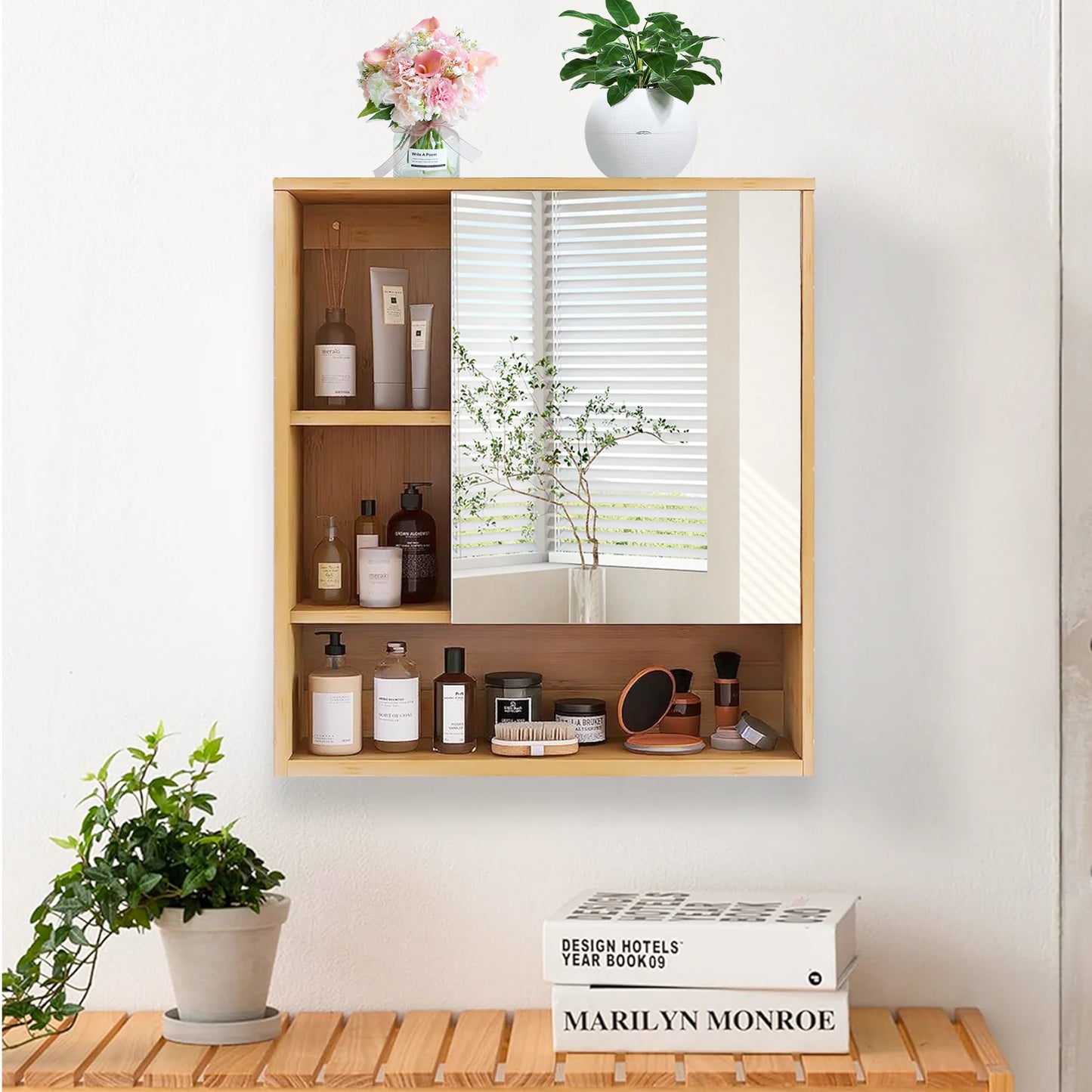 Wisfor Natural Bamboo Wall Mount Medicine Cabinet With Mirror