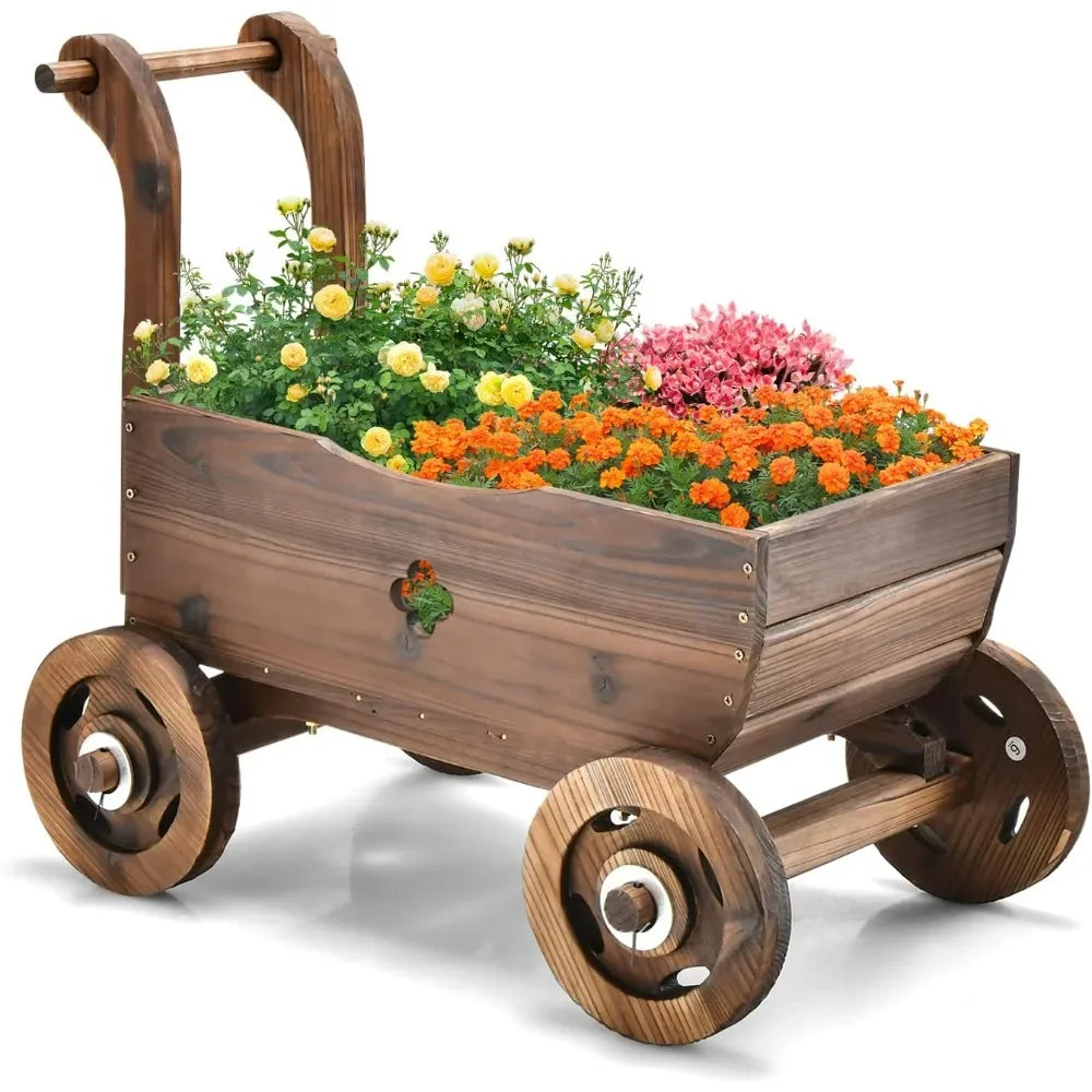 Hign Concerned Wagon Flower Planter Cart Rustic Wood Stand