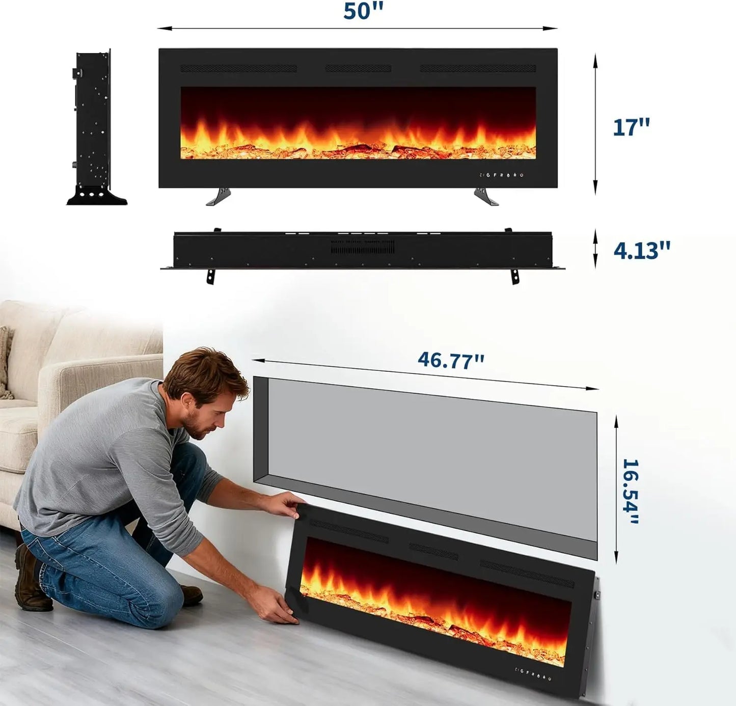 HiMISS 3D Electric Fireplace LED Flame Modes Wall Mounted Heater