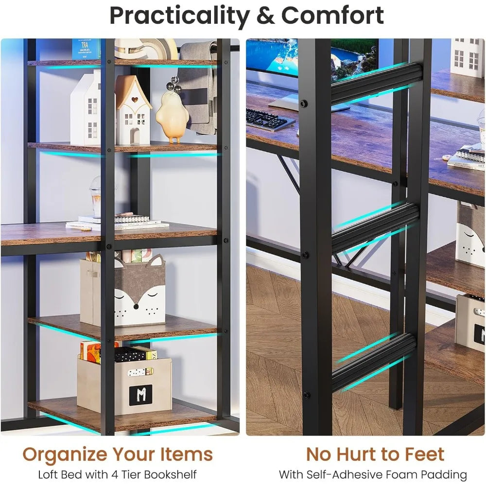 Loft Bed With L Shaped Desk Storage Shelves And Charging