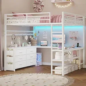 XMSJ Loft Bed With U Shaped Desk And Storage Drawers