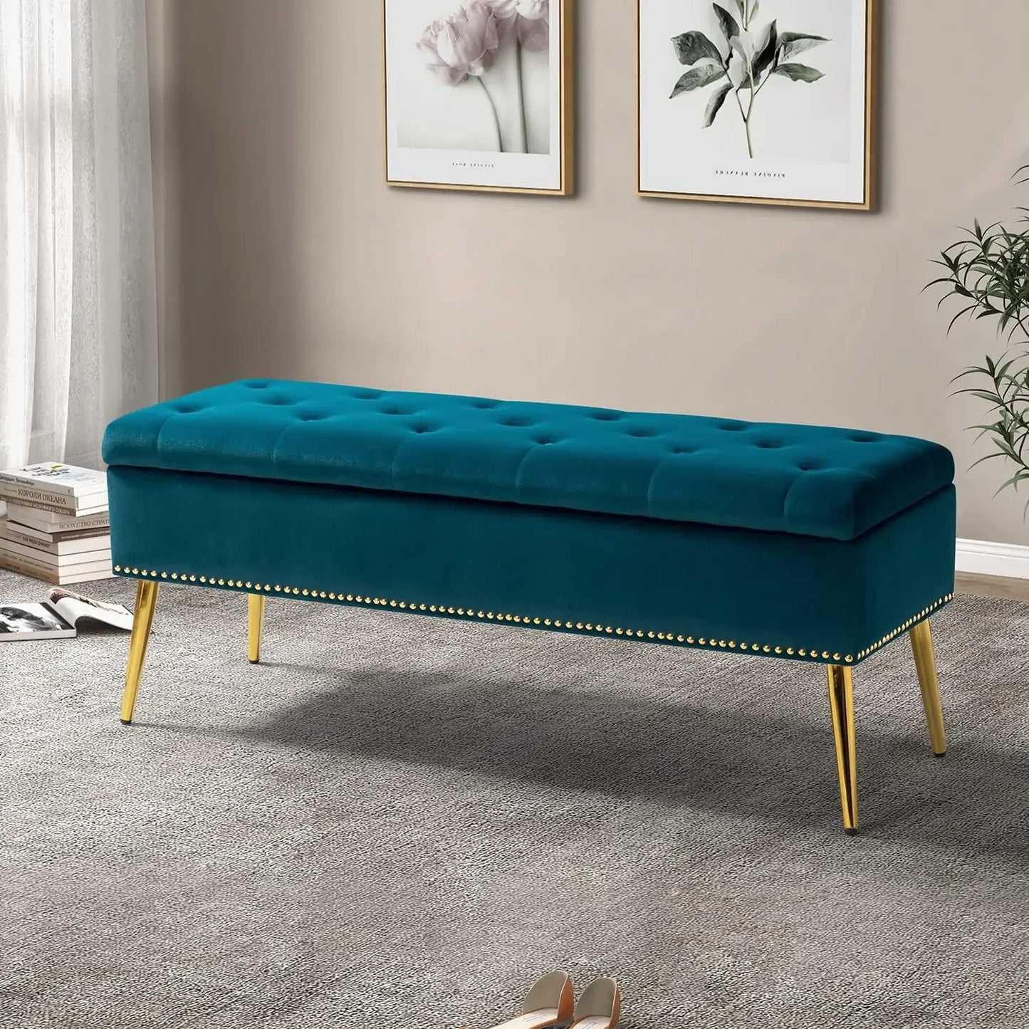 Velvet Storage Ottoman Bench With Base And Nailhead Trim