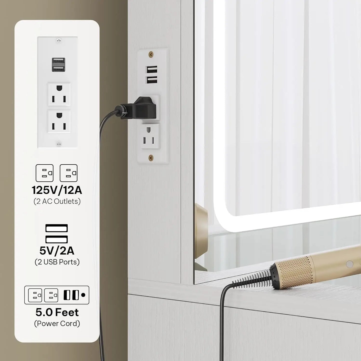 XMSJ Vanity Desk With Mirror And DimmableLightingSystem EightDrawers ForBedroom Storage