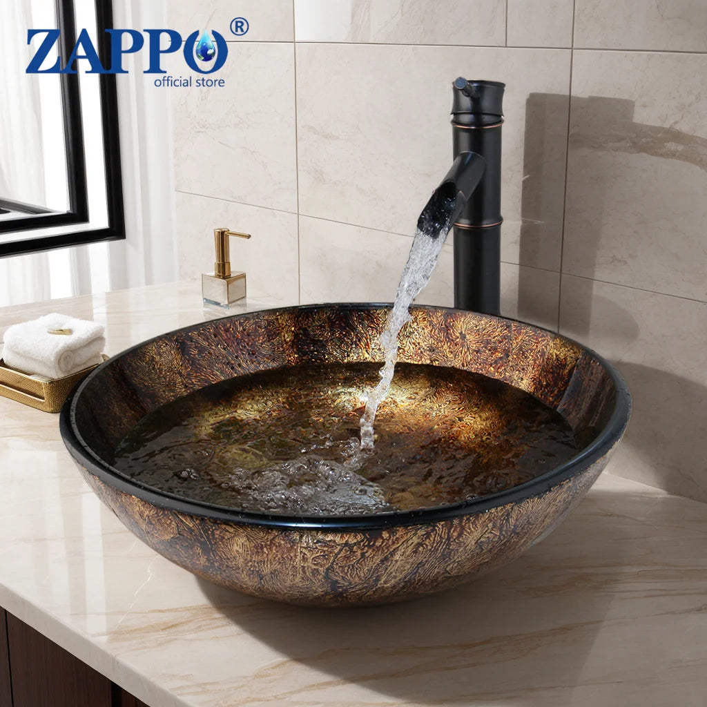 Torayvino Round Glass Vessel Sink With Waterfall Faucet Set