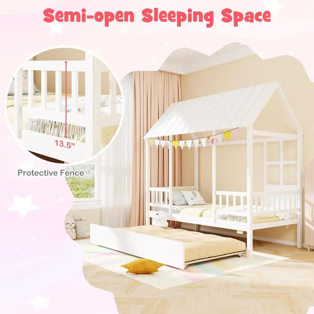 High-concerned House Bed With Trundle And Wooden Montessori Frame