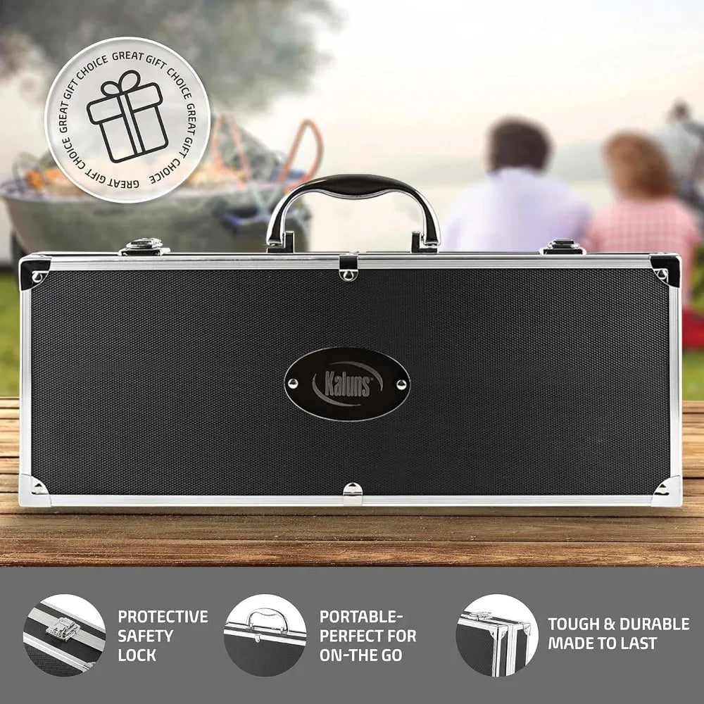 Heavy Duty Stainless Steel BBQ Grill Tools Set With Aluminum Case And Apron