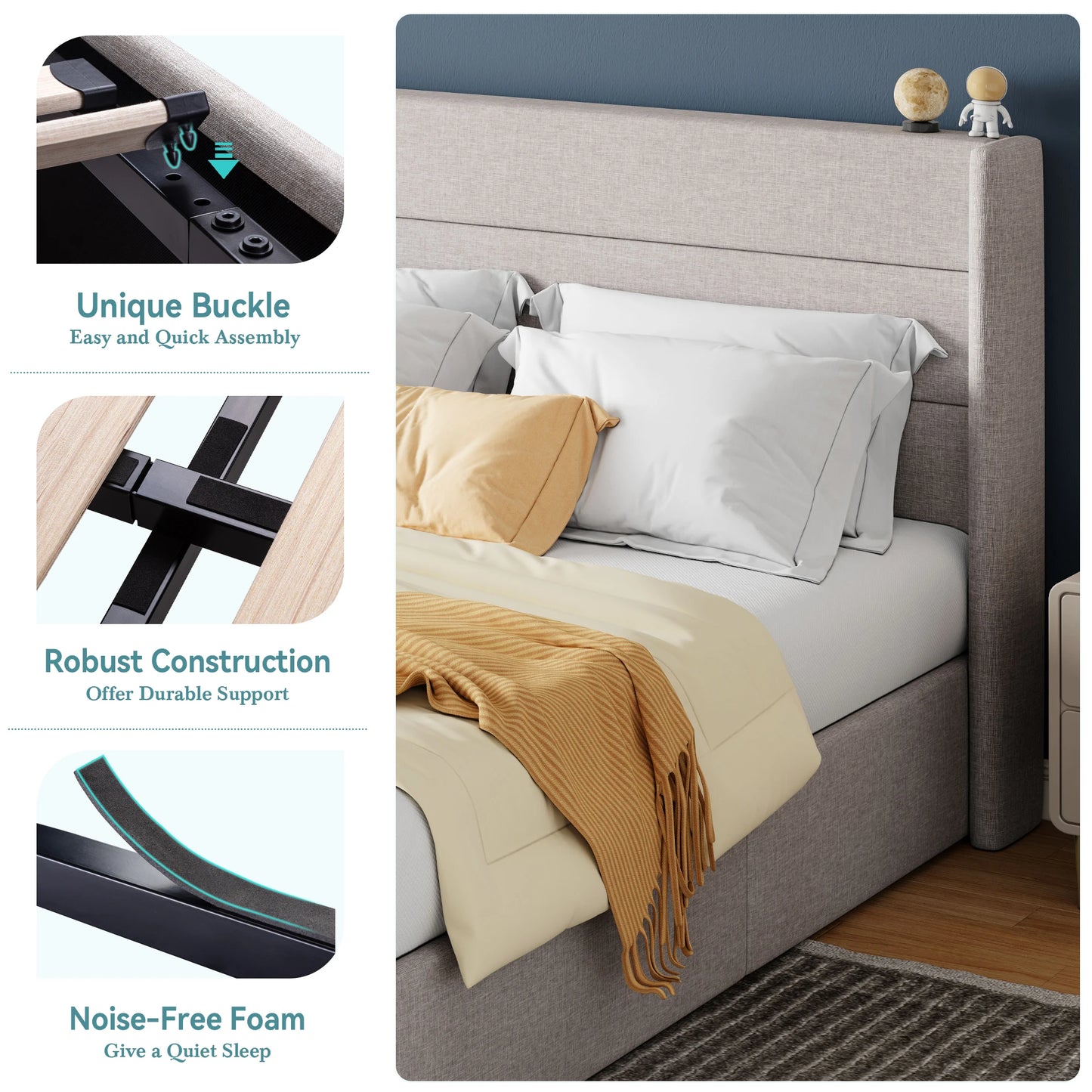 HOOMIC Lift Up Storage Bed With Wingback Headboard Heavy Duty Hydraulic Bed