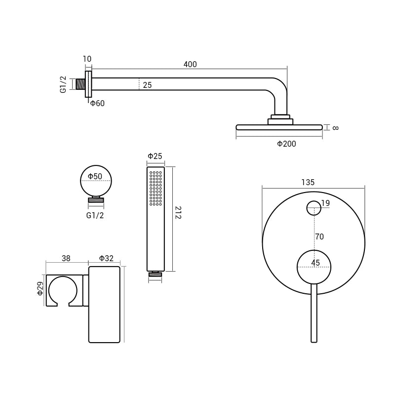Bagnolux Brushed Finish Shower System With Wall Mounted Mixer Diverter