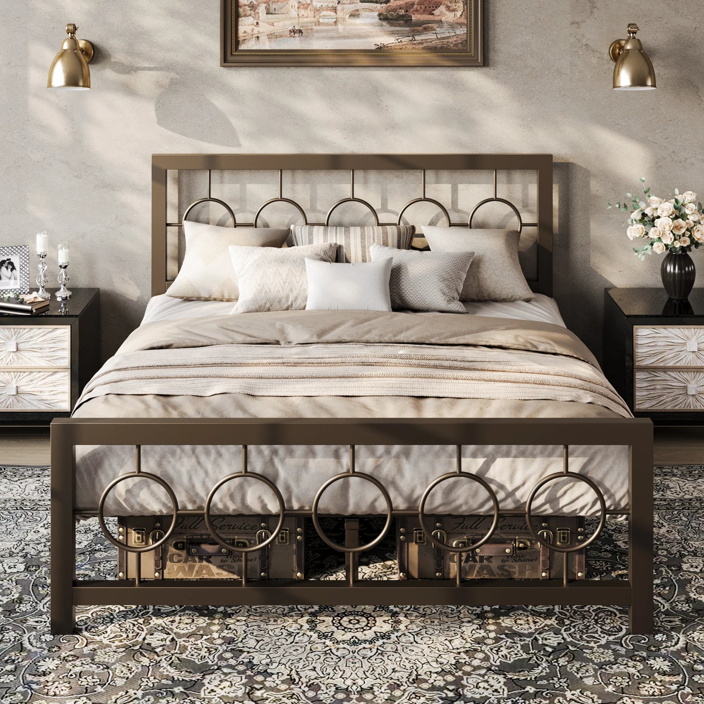 HOOMIC Metal Platform Bed Frame With Vintage Circular Headboard And Footboard