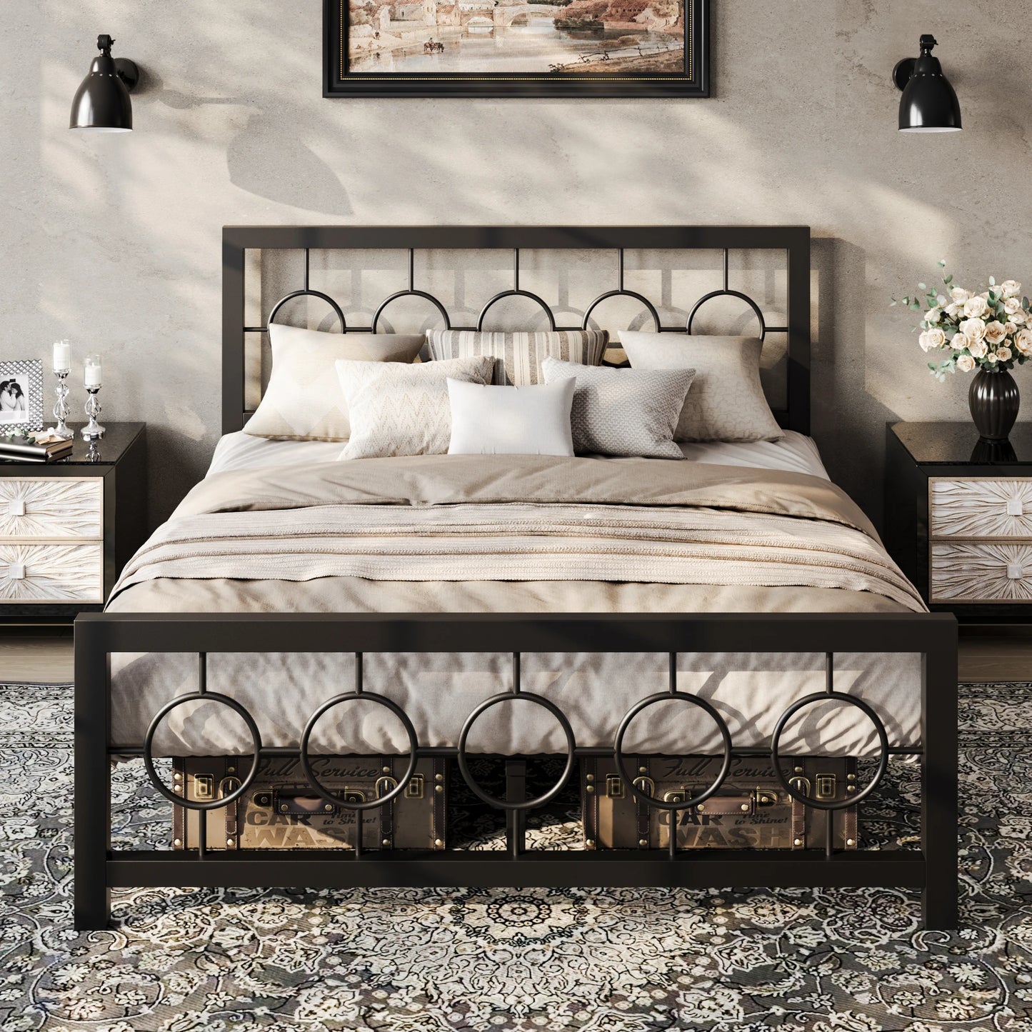 HOOMIC Metal Platform Bed Frame With Vintage Circular Headboard And Footboard