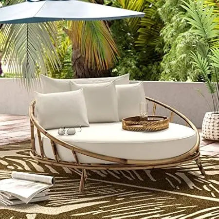 Rattan Bamboo Round Daybed Outdoor Sofa Chair With Cushions