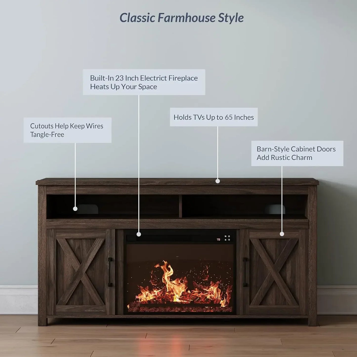 Barn Door Wood Electric Fireplace TV Stand With Open Shelves