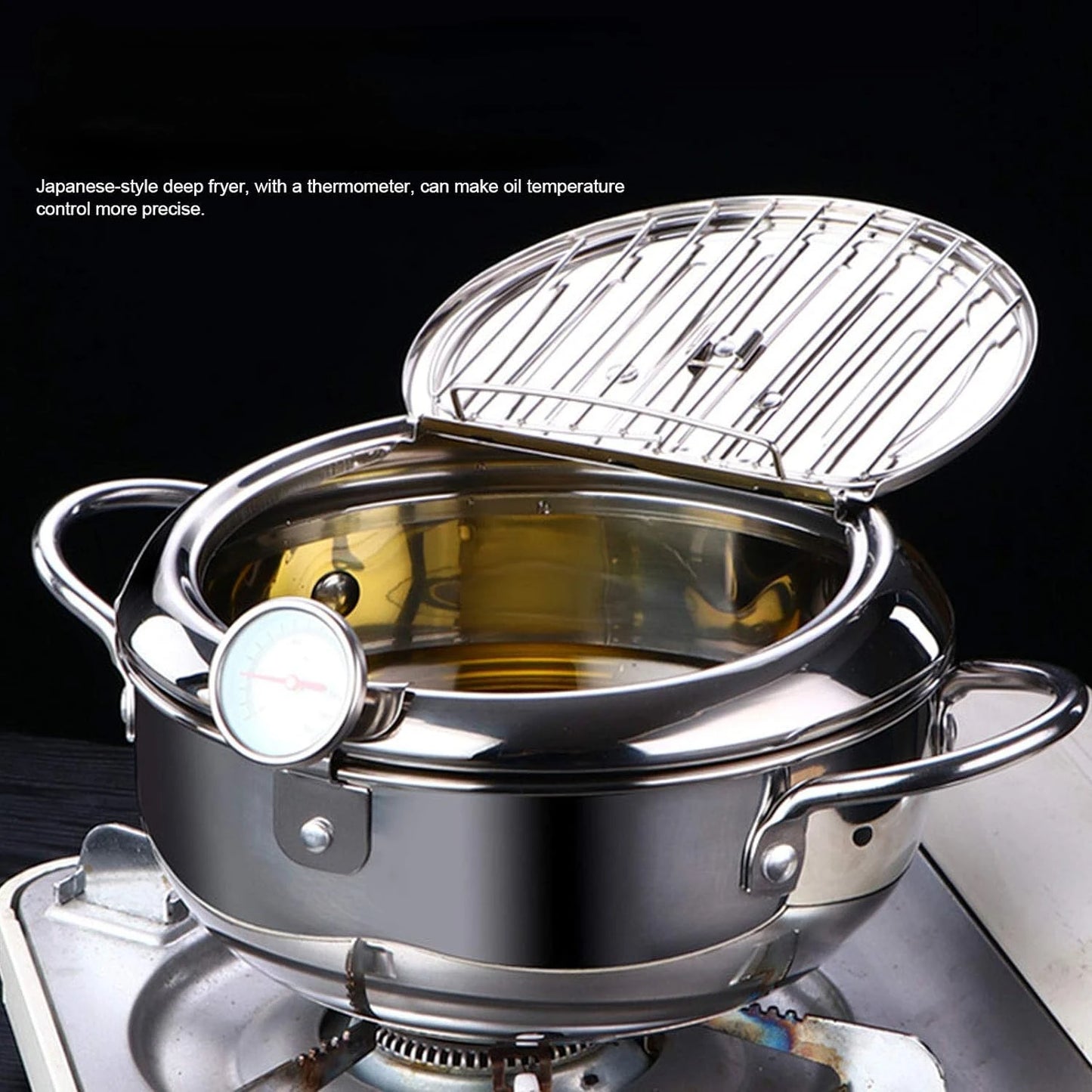 LISM Japanese Tempura Frying Pot With Thermometer And Lid Stainless Steel