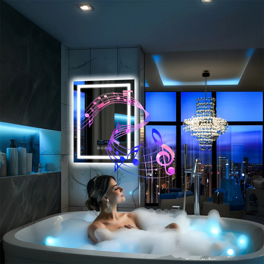LUVODI Illuminated Bluetooth Bathroom Mirror With Anti Fog LED Vanity Speaker
