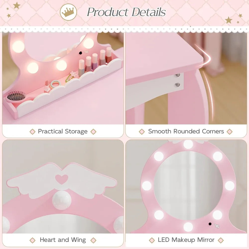 Lighted Mirror Kids Makeup Vanity Set With Stool And Storage