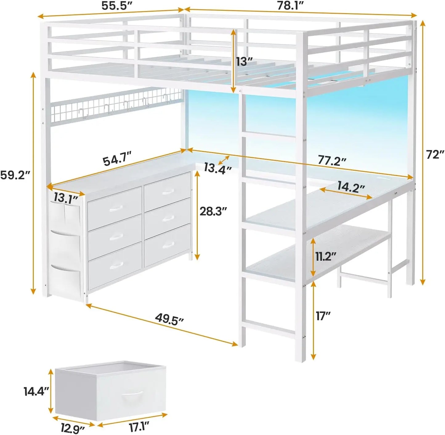 XMSJ Loft Bed With U Shaped Desk And Storage Drawers