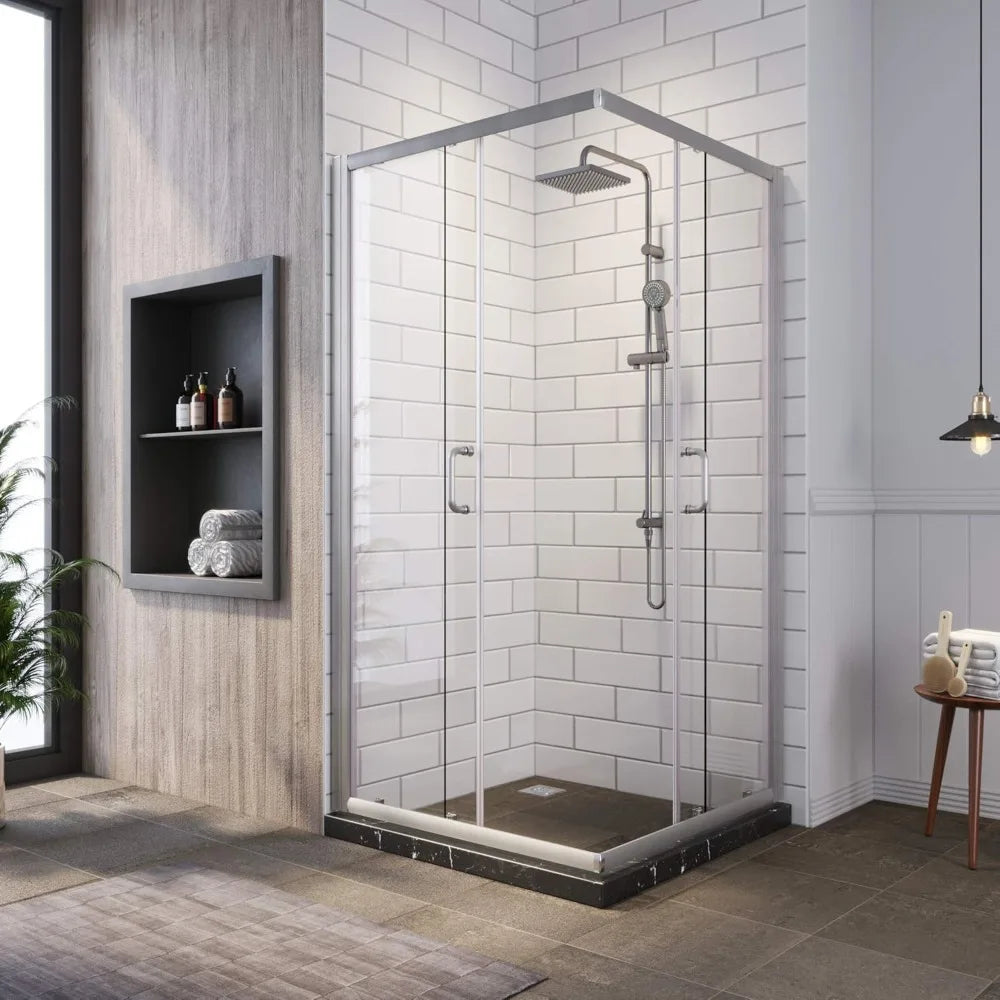 Corner Shower Enclosure With Double Sliding Glass Doors