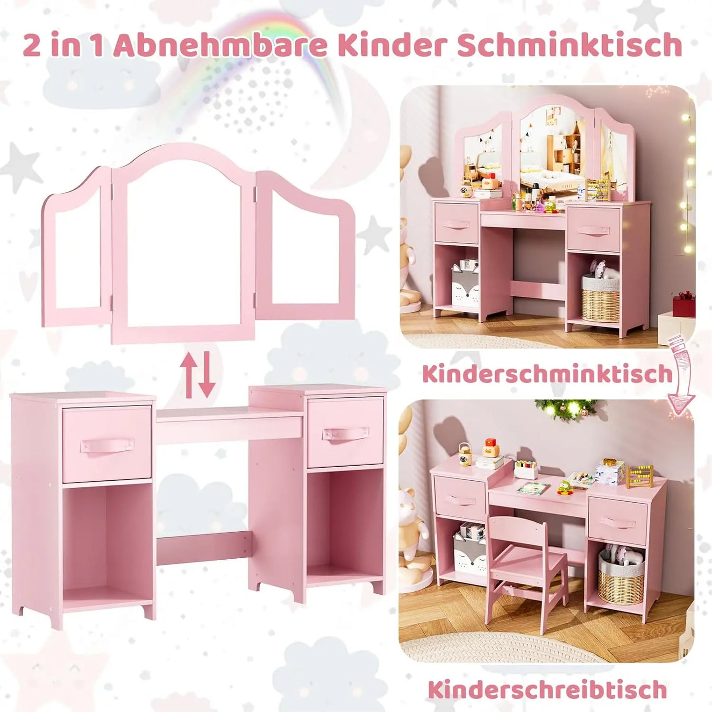 Hign-concerned Kids Vanity Table Set With Removable Mirror