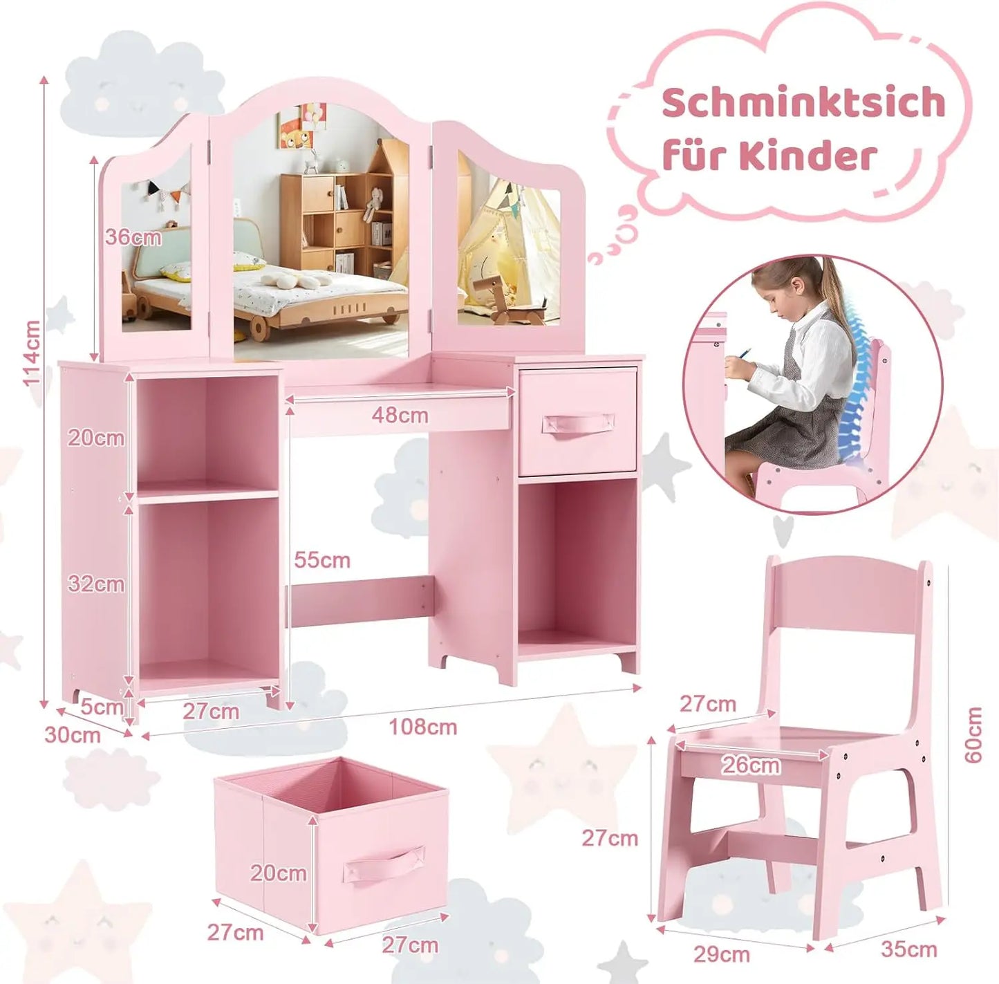 Hign-concerned Kids Vanity Table Set With Removable Mirror