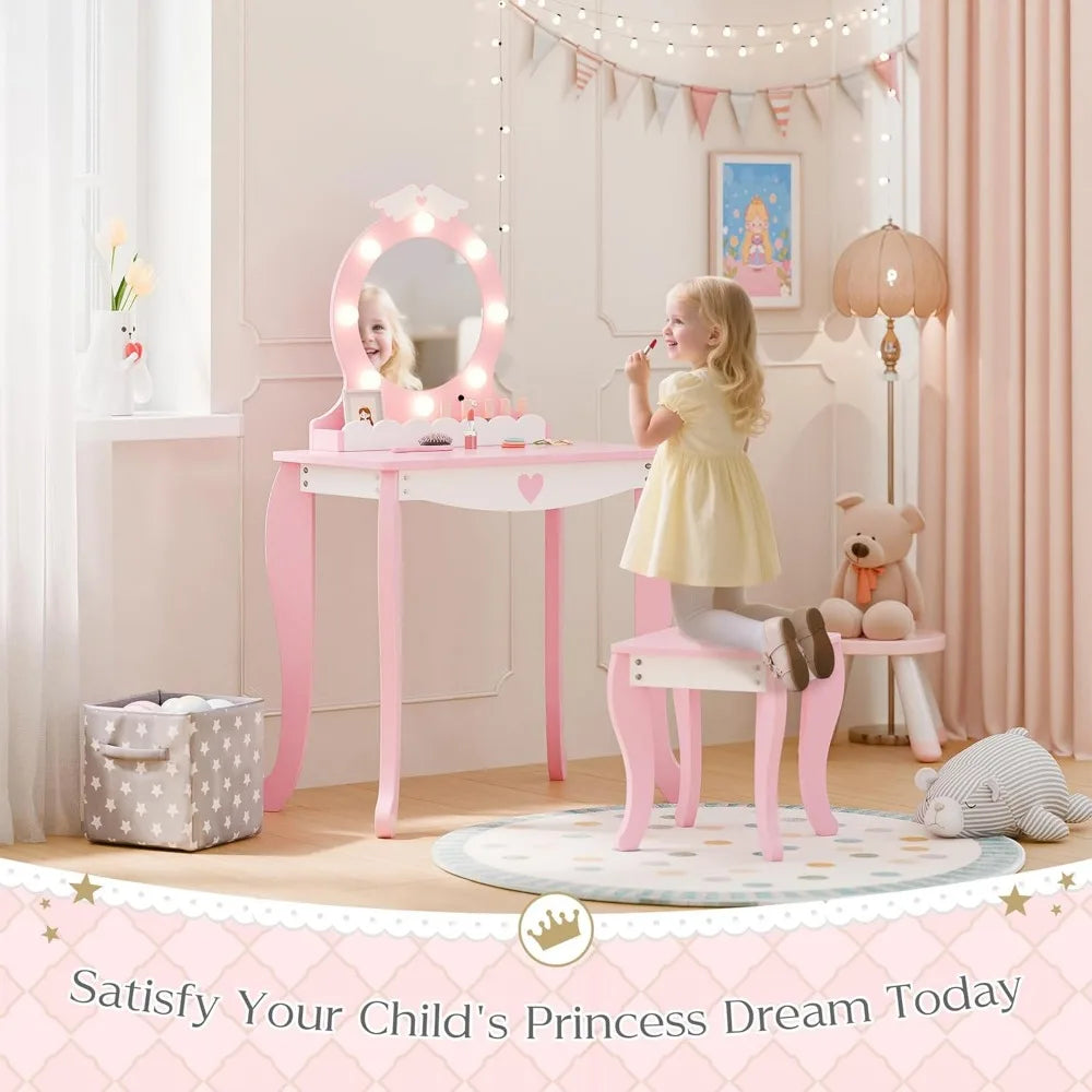 Lighted Mirror Kids Makeup Vanity Set With Stool And Storage