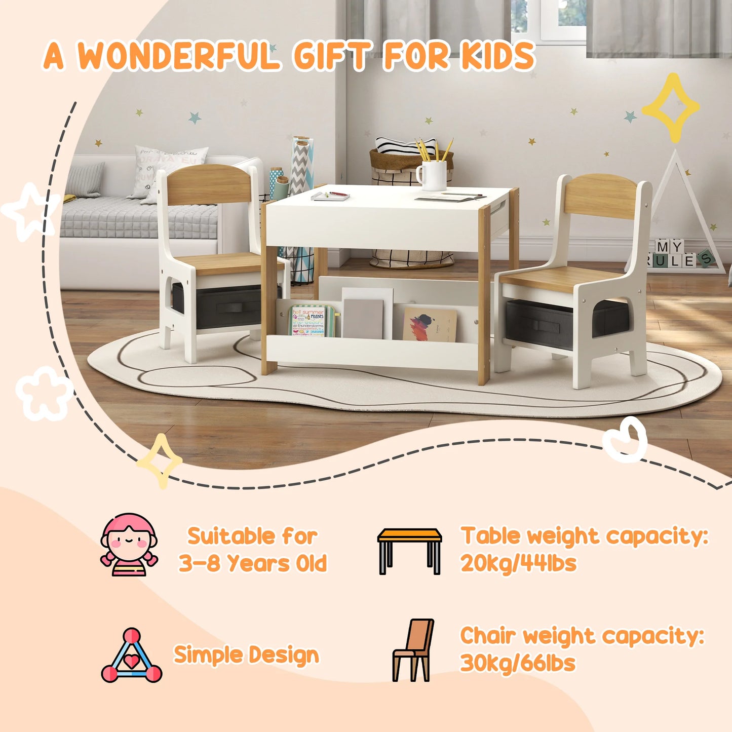 QABAH Kids Table and Chair Set with Blackboard and Storage