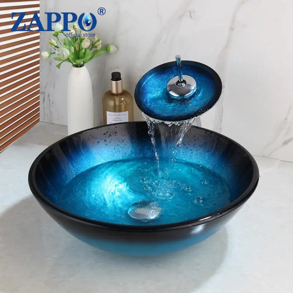 Torayvino ZAPPO Tempered Glass Vessel Sink with Waterfall Faucet