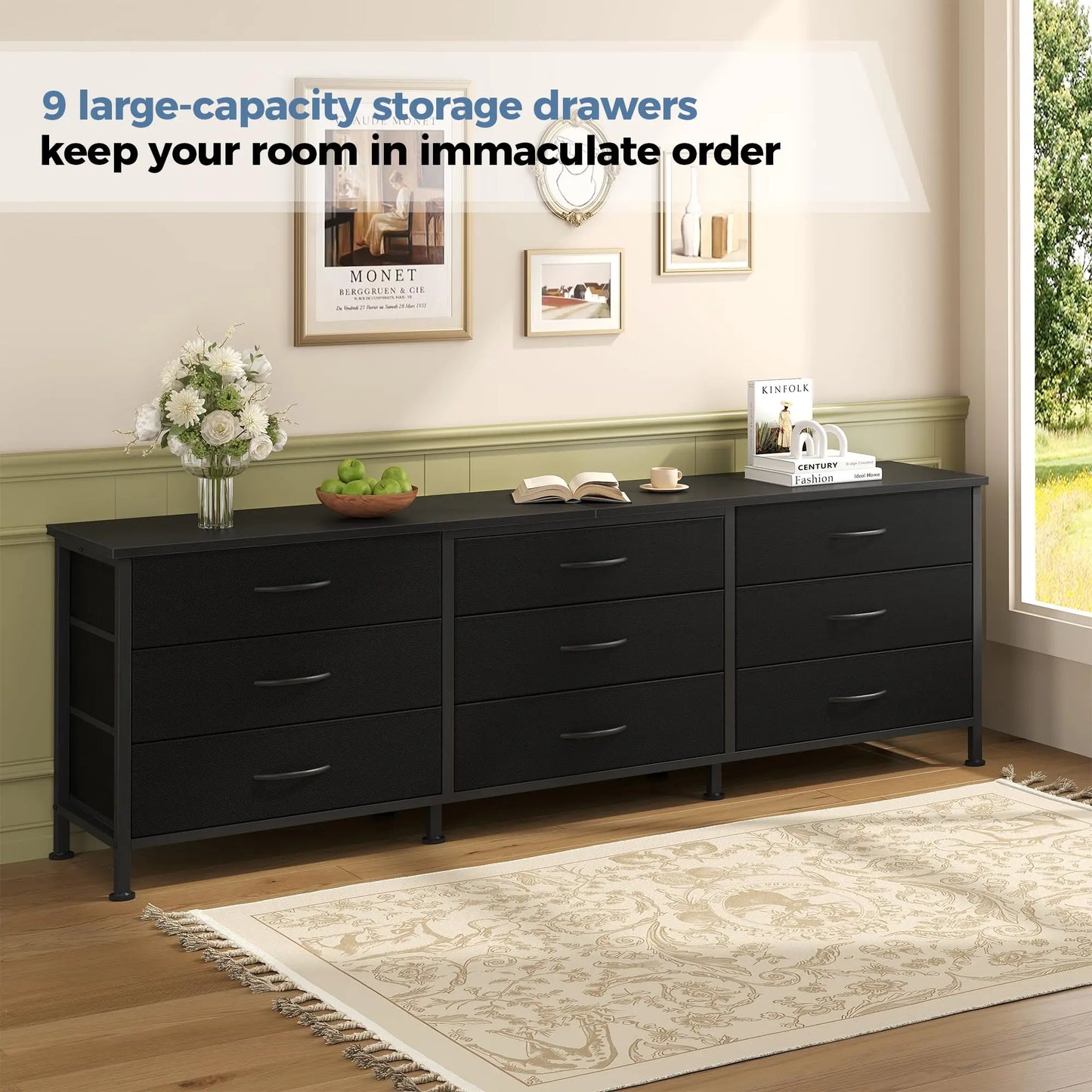 JHK Living Room Cabinet Entertainment Center With 9 Fabric Drawers