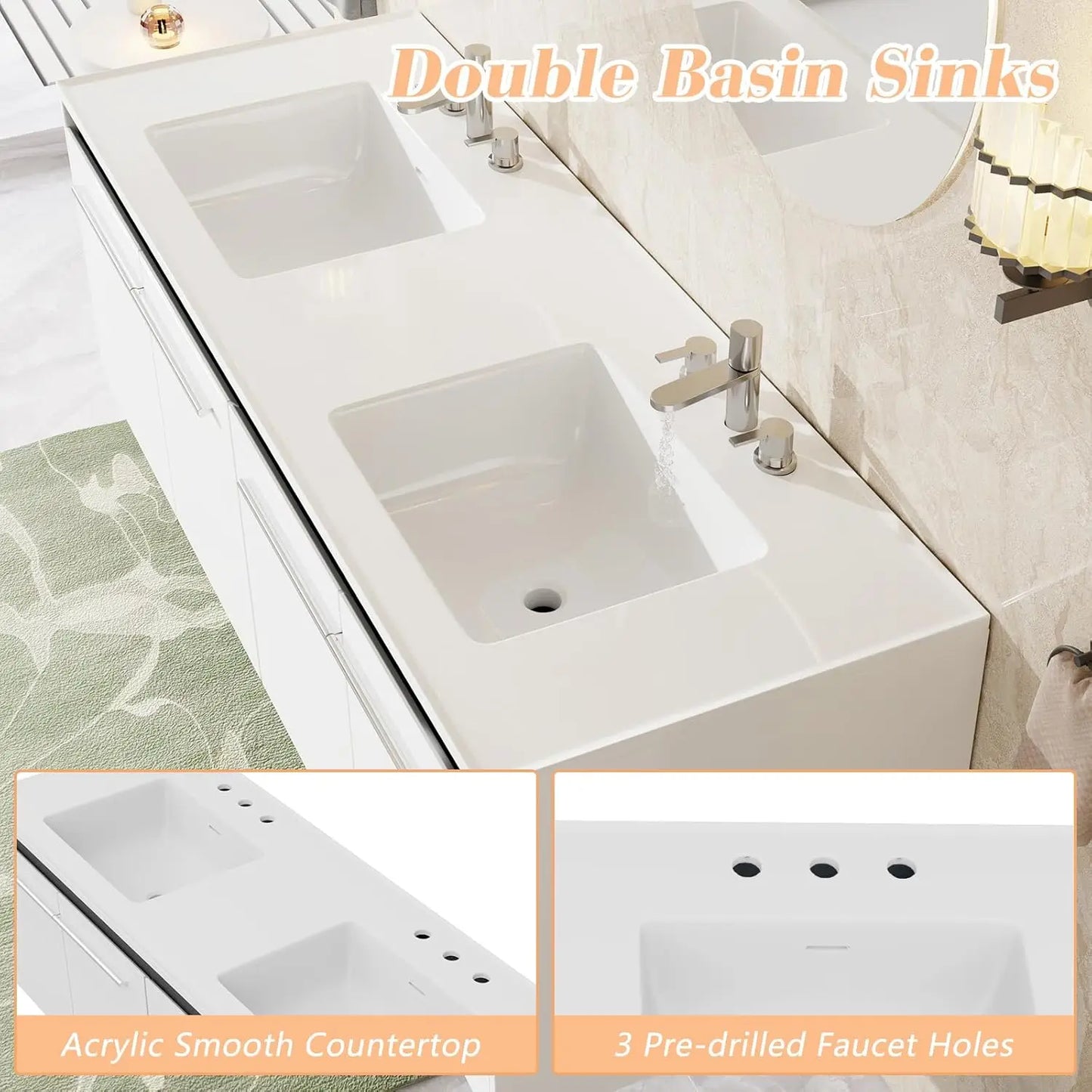 XMSJ LED Floating Bathroom Double Vanity Sink Cabinet Three Hole
