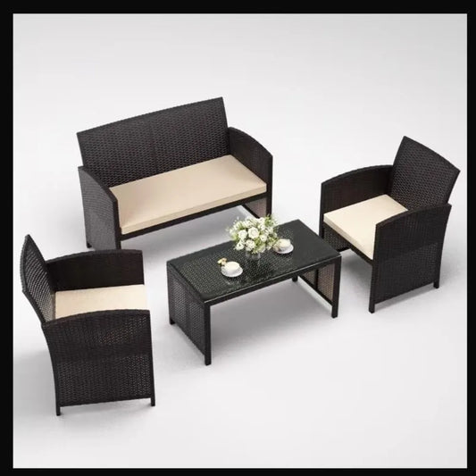 XMSJ Wicker Conversation Patio Set With Chairs Loveseat Table