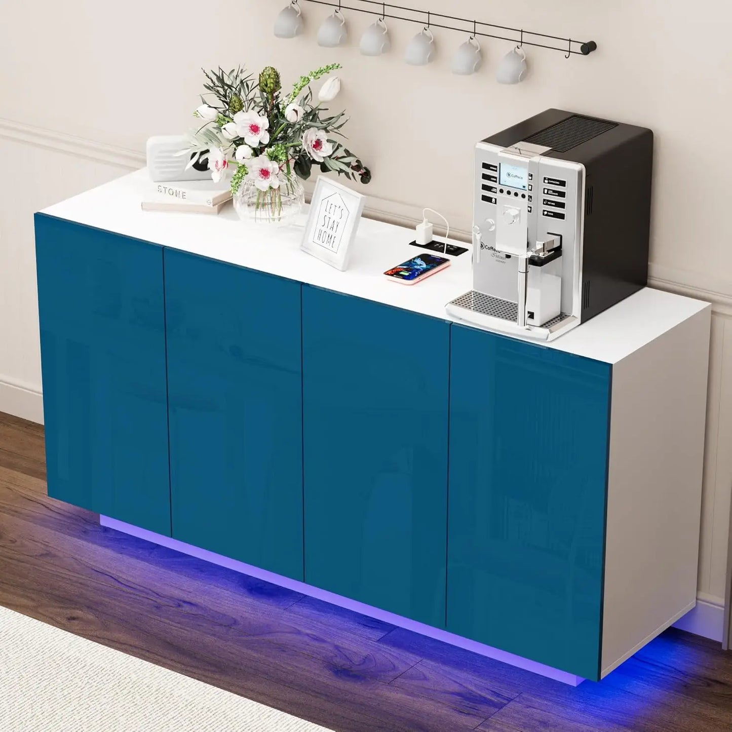 LED Illuminated Sideboard With Charging Station White Wood Dining Cabinet