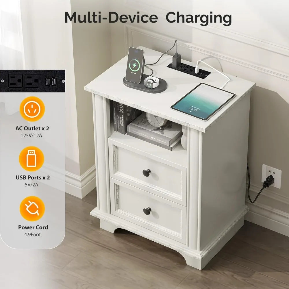 Ticify Nightstand Charging Station Wood Bedside Table