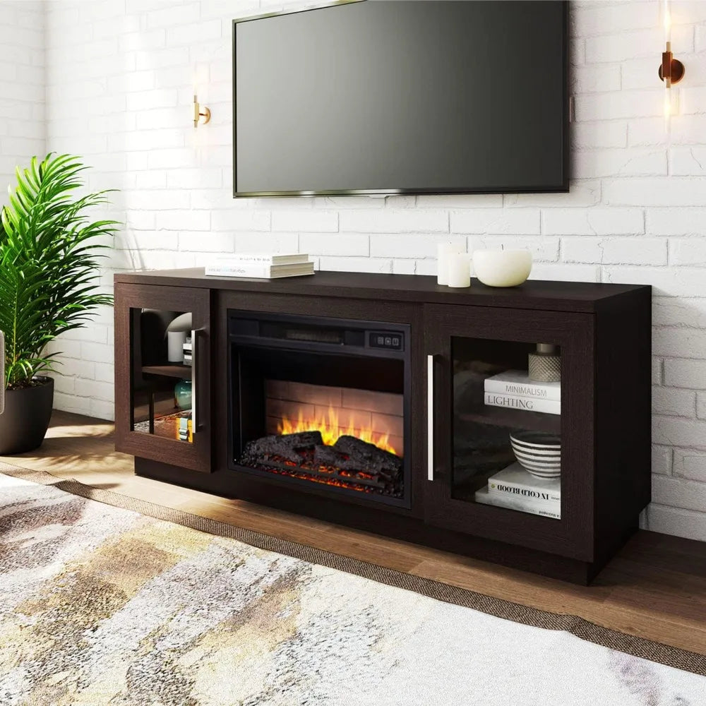 3D Fireplace TV Stand Wooden Media Center With Shelves