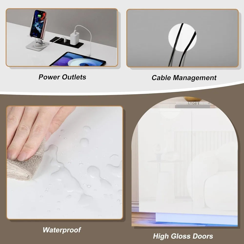 LED Illuminated Sideboard With Charging Station White Wood Dining Cabinet