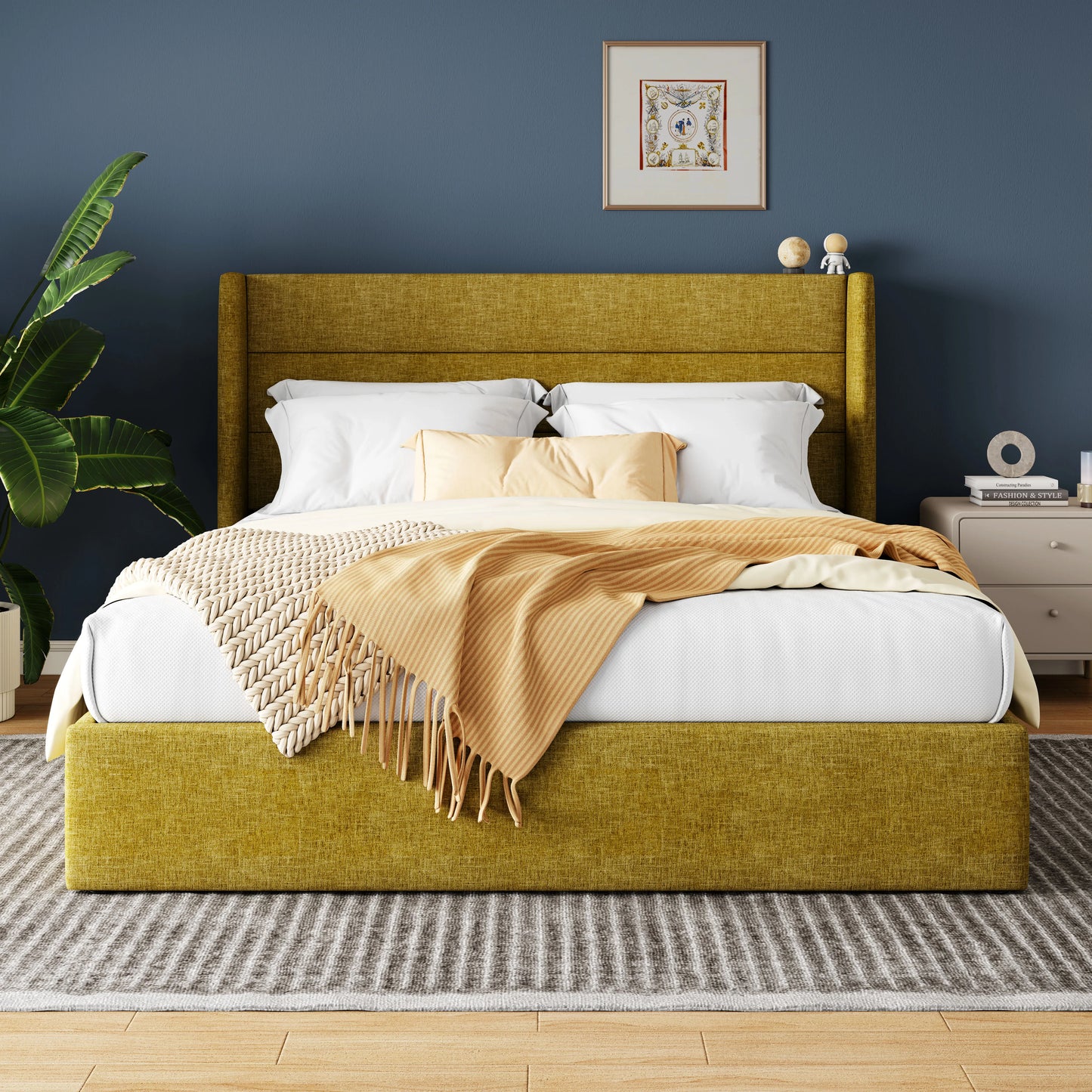 HOOMIC Lift Up Storage Bed With Wingback Headboard Heavy Duty Hydraulic Bed