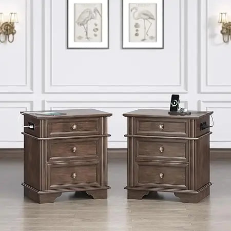 Ticify Nightstand Charging Station Wood Bedside Table