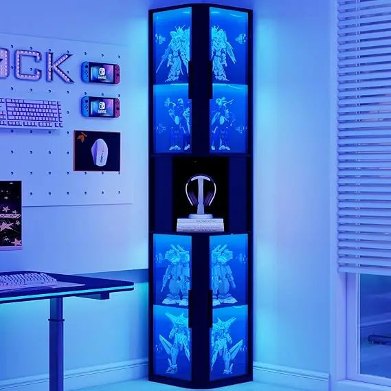 Glass Display Cabinet With Lighting Five Tier Curio For Collectibles