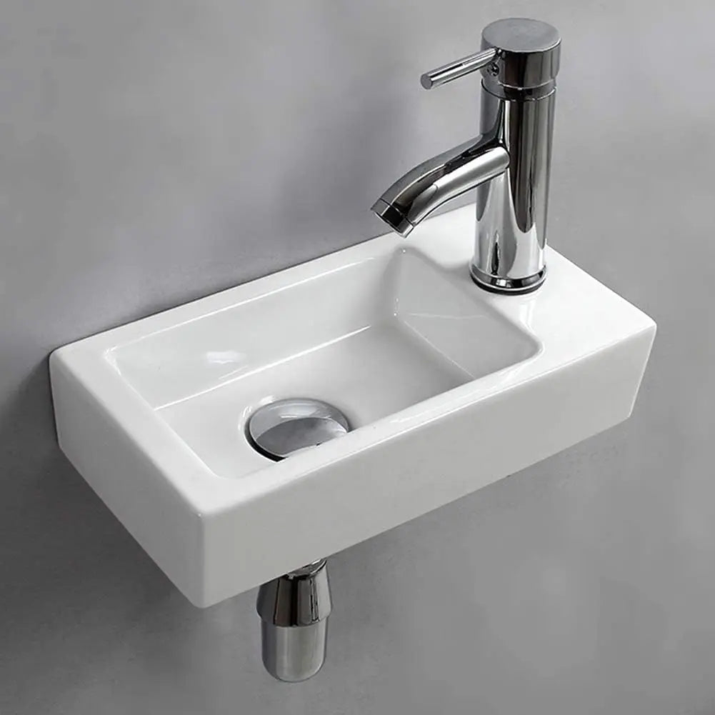 Wall Mounted Ceramic Bathroom Sink Rectangle Wash Basin Drain