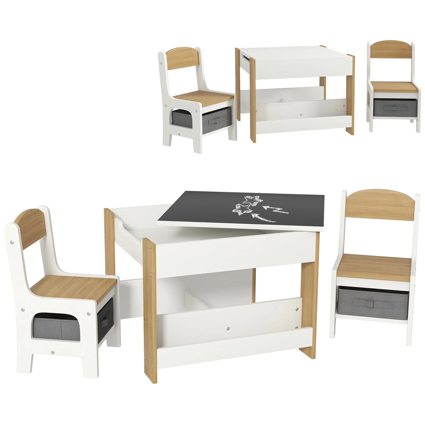 QABAH Kids Table and Chair Set with Blackboard and Storage
