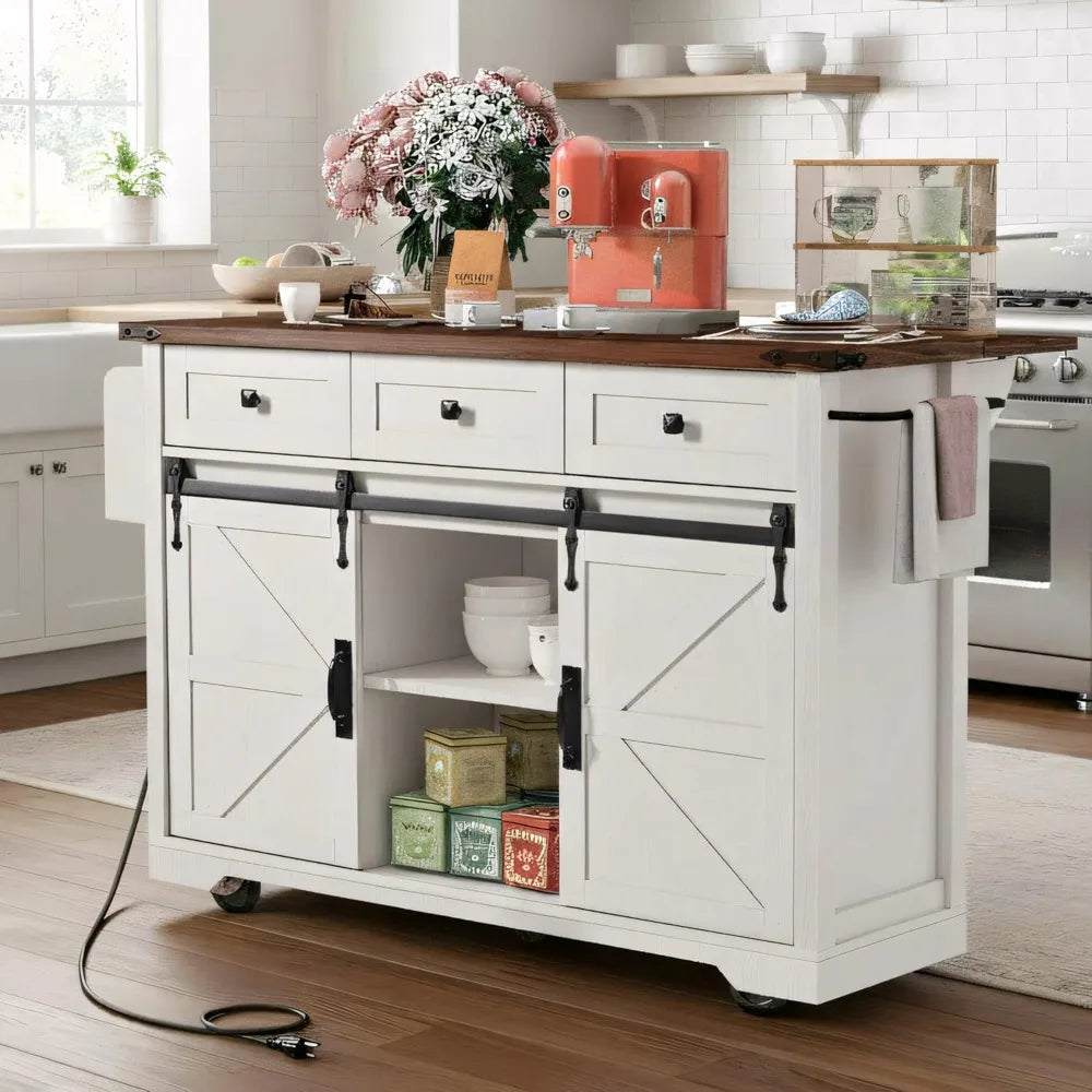 Farmhouse Kitchen Island On Wheels With Drop Leaf Power Outlet