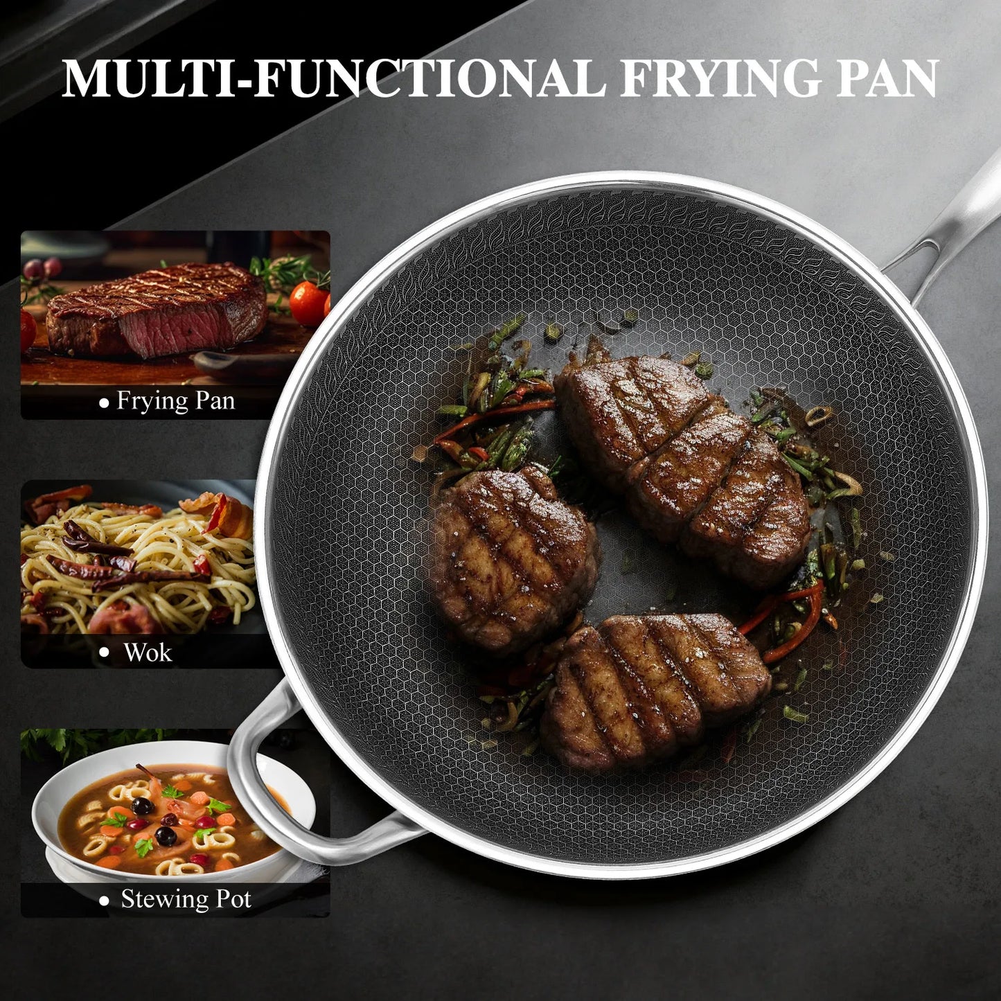Hybrid Wok Pan With Lid PFOA Free Stainless Steel Nonstick