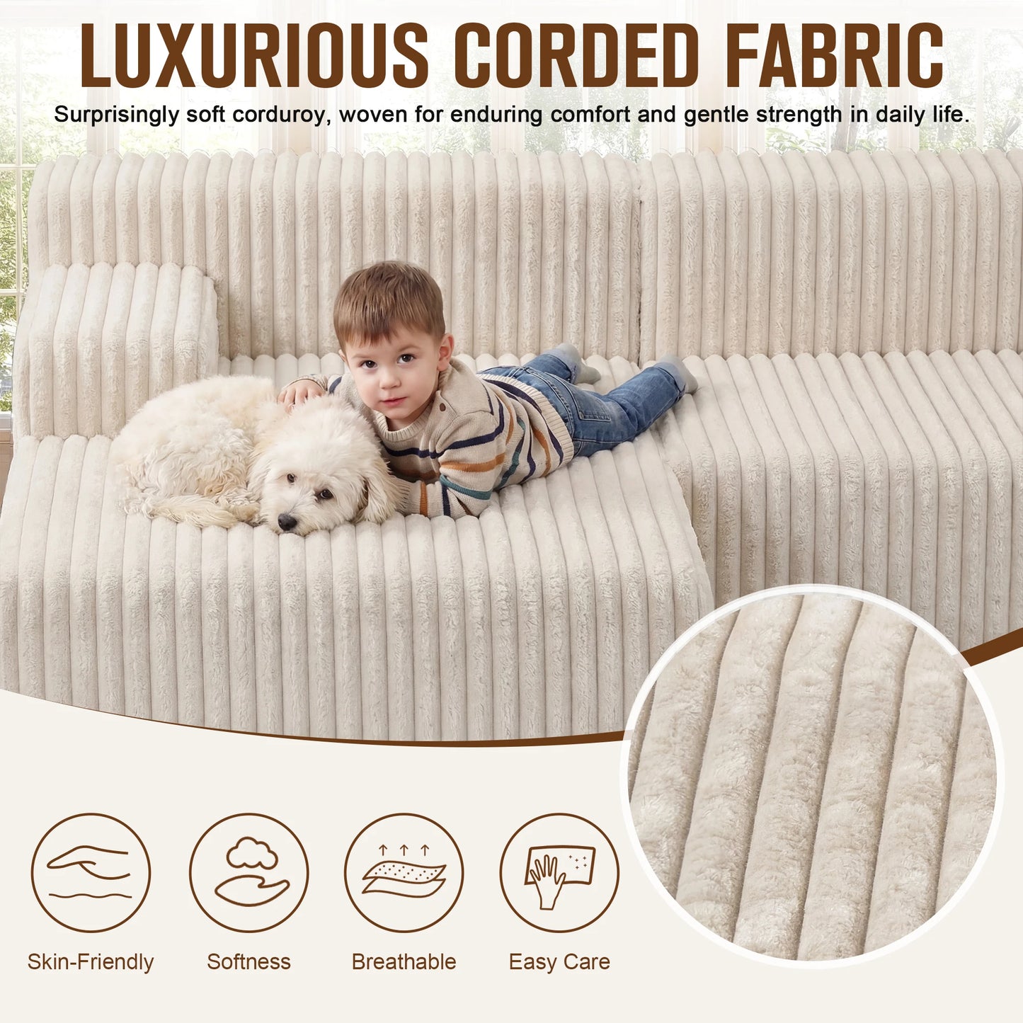 Redlife L Shaped Corduroy Sectional Sofa No Assembly Required