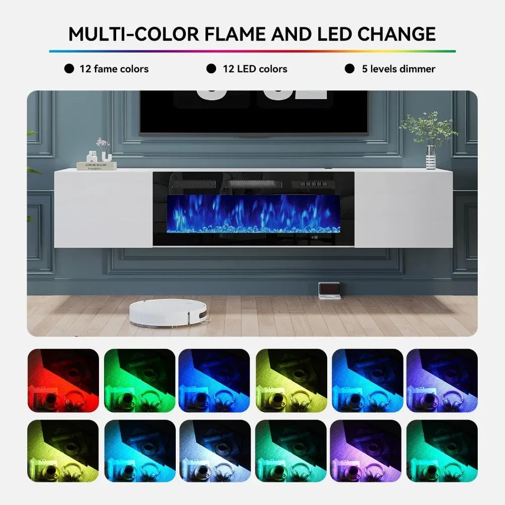 Wall Mounted Floating TV Stand With Electric Fireplace Entertainment Center