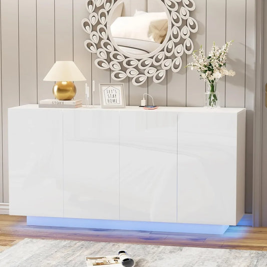 LED Illuminated Sideboard With Charging Station White Wood Dining Cabinet