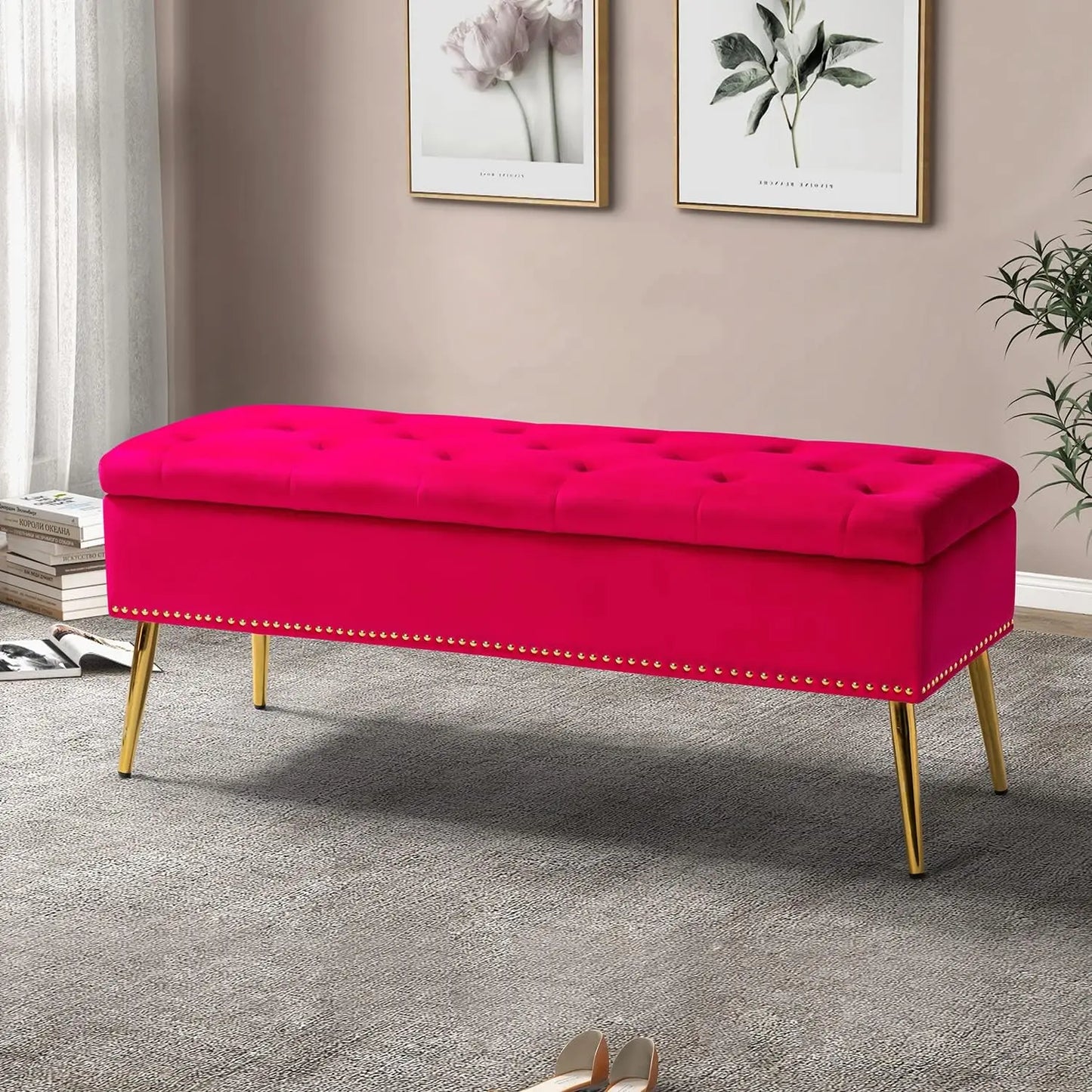 Velvet Storage Ottoman Bench With Base And Nailhead Trim
