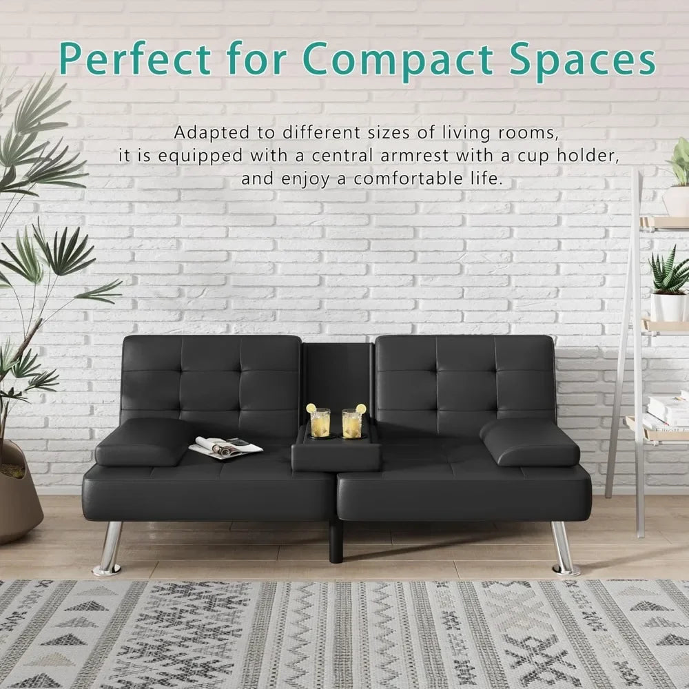 Futon Sofa Bed Convertible Lounge Chair With 2 Cup Holders